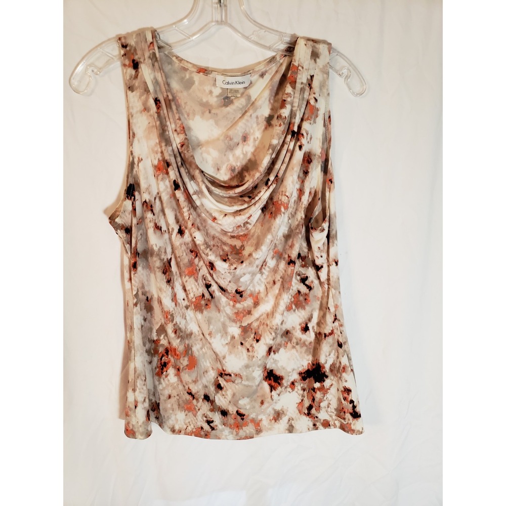 Women's Calvin Klein Multicolor Tan Sleeveless Cowl Neck Blouse Size L